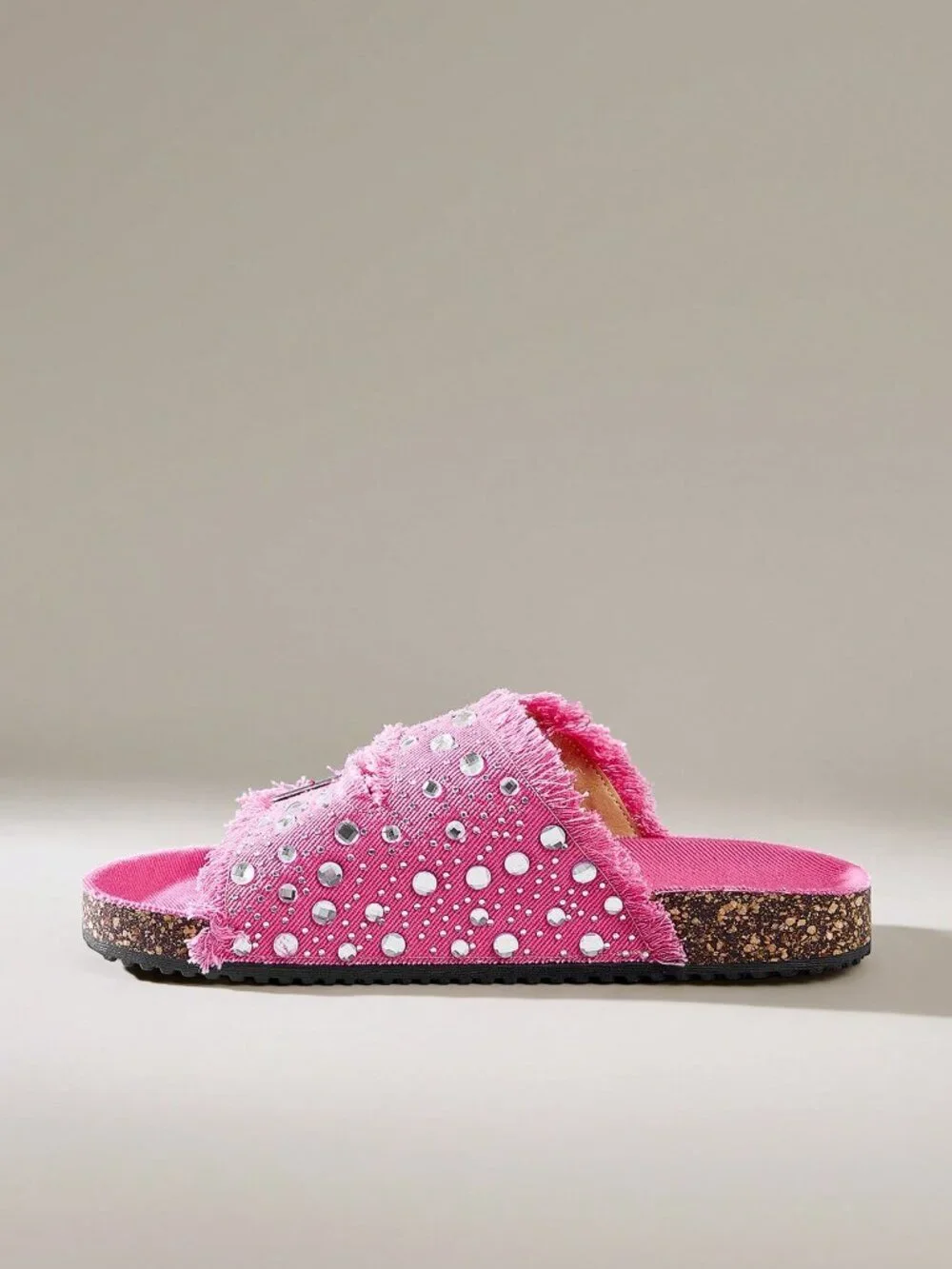 Hot Pink Casual Women's Round Toe Fringed Rhinestone Double Buckle Flat Shoes